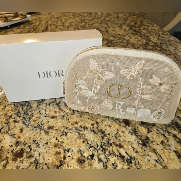 DIOR Beige Floral Embroidered Cosmetic Pouch - Picture 3 of 6